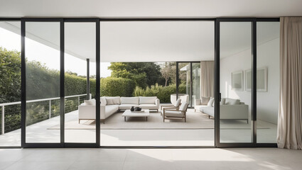 Modern living room design with large glass doors and outdoor greenery in a contemporary home setting