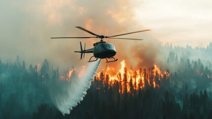 Naklejka premium A helicopter douses a forest fire with water, battling flames and smoke rising from the trees in the background.