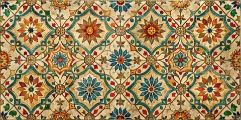 Distressed Moroccan Tile Pattern with Floral Accents and Geometric Shapes, traditional decor, geometric shapes