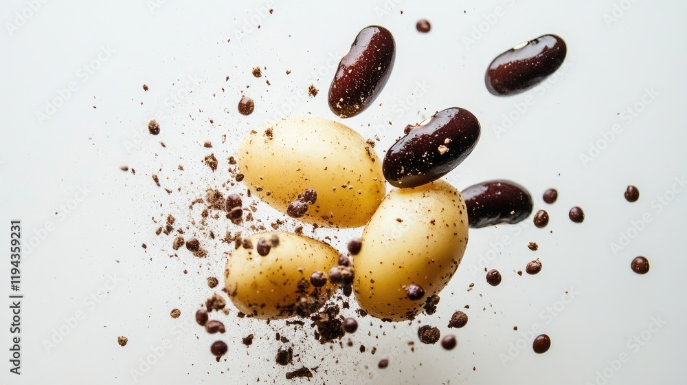 Poster germinated dark beans and potatoes in dynamic explosion against a clean white background showcasing 