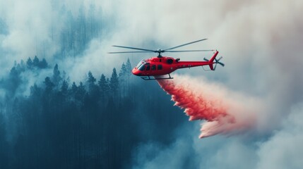 A red helicopter drops fire retardant over a forest engulfed in smoke, showcasing aerial firefighting efforts against wildfires.
