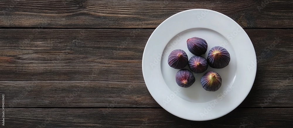 Poster fresh figs on a white plate arranged on rustic wooden background with ample space for creative text 
