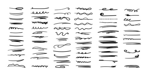 Set of handmade lines, brush lines, underlines. Hand-drawn collection of doodle style various shapes. Lettering Art Lines. Isolated on white. Vector