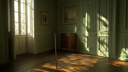 Sunlit Room with Walking Cane and Vintage Decor - A Serene Interior Scene