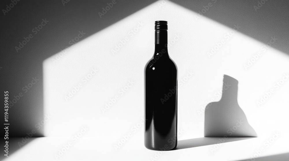 Poster black bottle casting an intricate shadow on a white background creating a dramatic contrast in a min
