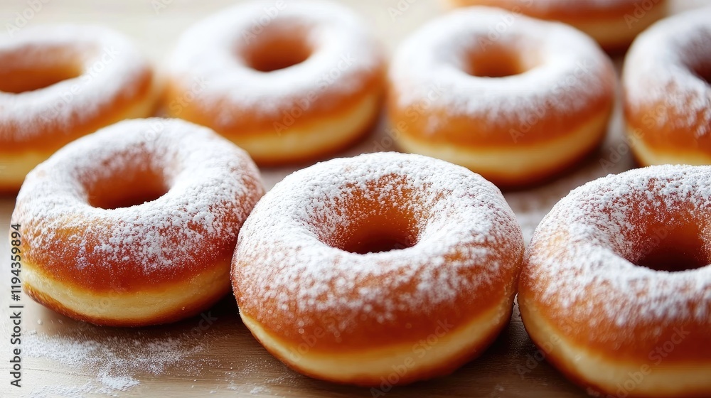 Poster freshly baked doughnuts topped with powdered sugar arranged neatly on a light wooden surface in a br