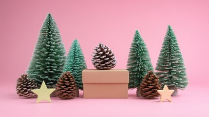Festive flat lay of gift box surrounded by pine cones and decorative trees on a pink background for holiday celebrations and seasonal cheer