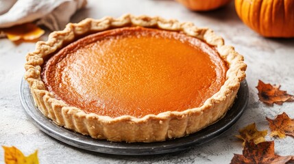 Delicious freshly baked pumpkin pie with a golden crust on a light pastel background surrounded by autumn leaves and pumpkins