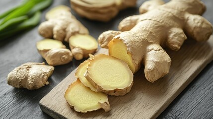 Fresh ginger root with sliced sections displayed on a wooden board for culinary and medicinal use in healthy lifestyle concepts