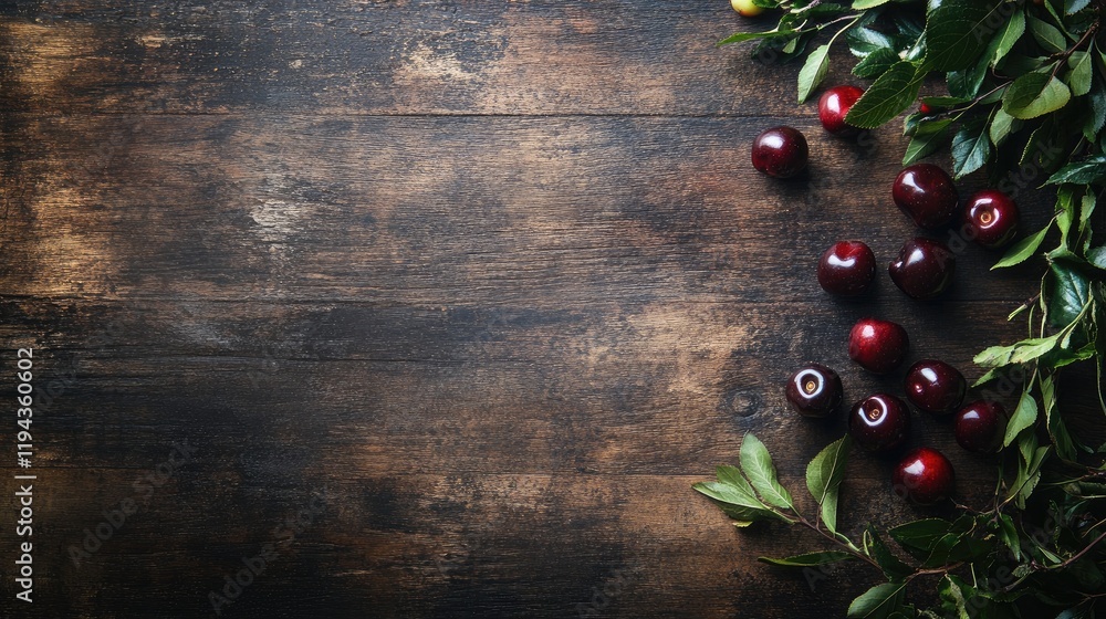 Poster fresh garden cherries surrounded by leaves on rustic wooden table with ample copy space for text or 