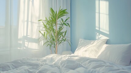 Serene Bedroom Sunlight Through Sheer Curtains Illuminates White Bedding and Green Plant