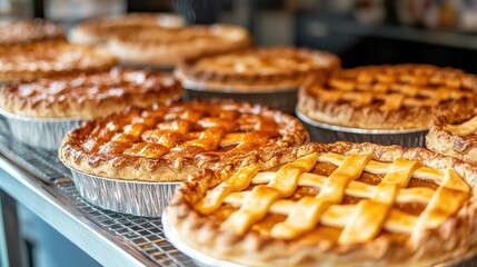 Freshly Baked Homemade Pies Cooling on Bakery Racks in a Cozy Bakery Setting
