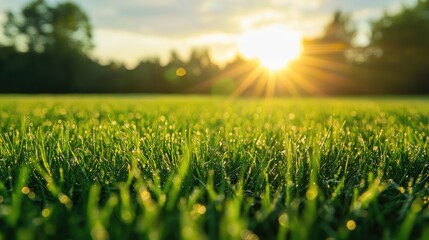 Morning sun illuminating a dewy fresh grass field with vibrant greenery and soft sunlight creating a serene natural landscape.