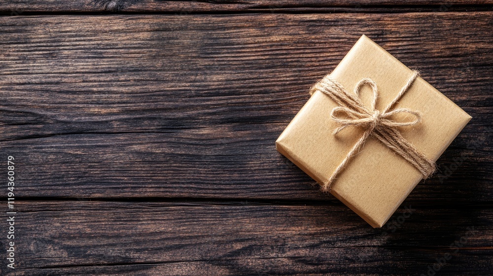 Poster elegant golden gift box tied with twine on rustic wooden table with ample empty space for personaliz