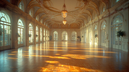 Obraz premium Sunlit grand ballroom with arched windows and hardwood floor.