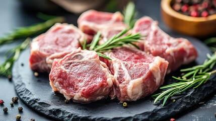 Raw goat meat cuts garnished with fresh rosemary on a slate plate against a rustic background showcasing farm-fresh quality.