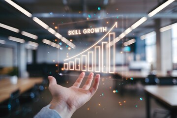 Visionary holographic depictions of skill mastery and learning, featuring glowing digital dashboards, radiant progress graphs, and cutting-edge technology in modern office environments