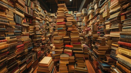 Fototapeta premium Endless rows of stacked books creates a captivating labyrinth in a charming bookstore