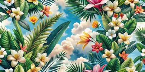 Lush Tropical Floral Paradise A Vibrant Tapestry of Exotic Blooms and Verdant Foliage Under a Cloudy Sky