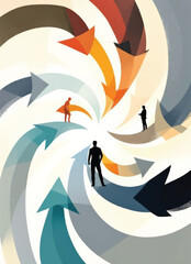 vector illustration of colorful dynamic arrows forming a circular pattern with silhouettes of people