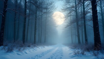 Obraz premium A captivating moonlit scene showcasing the moon's ethereal glow over breathtaking landscapes. The soft light enhances serene details, creating a tranquil and mysterious atmosphere. AI-generated.