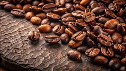 Fototapeta premium Roasted Coffee Beans on Dark Wood Surface A Close-Up View