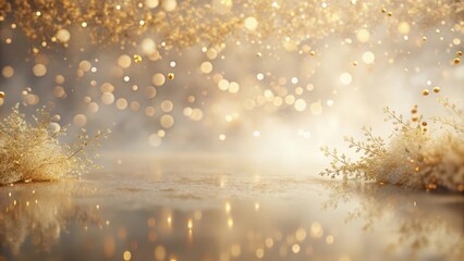 Fototapeta premium Golden Hour Sparkle Reflective Surface with Shimmering Plants and Falling Lights