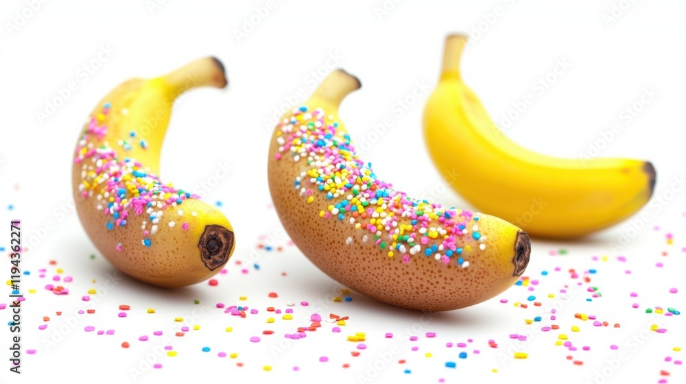 Poster colorful sprinkled bananas on a bright background with candy sprinkles adding a fun and playful touc