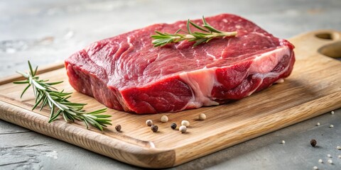 A cut piece of rump steak lies on a clean cutting board