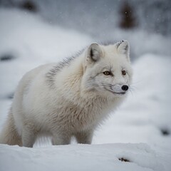 Naklejka premium A white arctic fox hunting for lemmings beneath the snow, its ears perked and attentive.