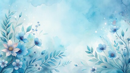 Serene Watercolor Floral Design Delicate Blue Flowers and Lush Greenery on a Soft Sky Blue Background, Perfect for Invitations, Wall Art, or Elegant Stationery