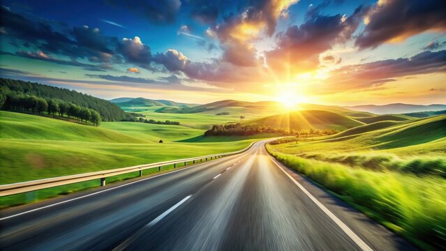Asphalt road winding through idyllic rolling green hills at sunset