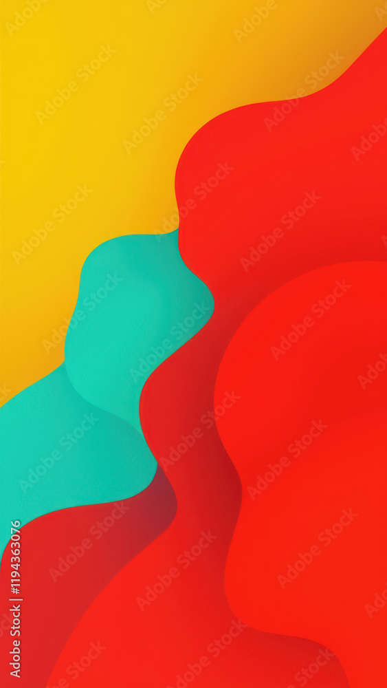 Poster vibrant abstract design with flowing curves and bold colors on a gray canvas.
