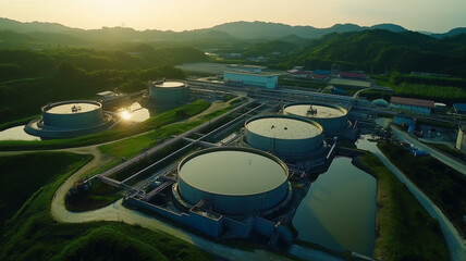 Aerial view of a large industrial water treatment plant, showcasing multiple large tanks and pipelines surrounded by green landscapes. Ai generated (1)