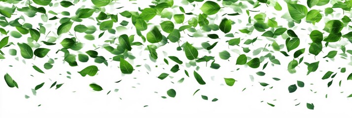 Green Leaves Falling on White Background Fresh Spring Nature Scene