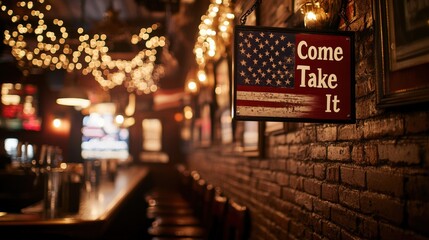 Vintage American Flag Sign with 'Come Take It' Message on Brick Wall at Night