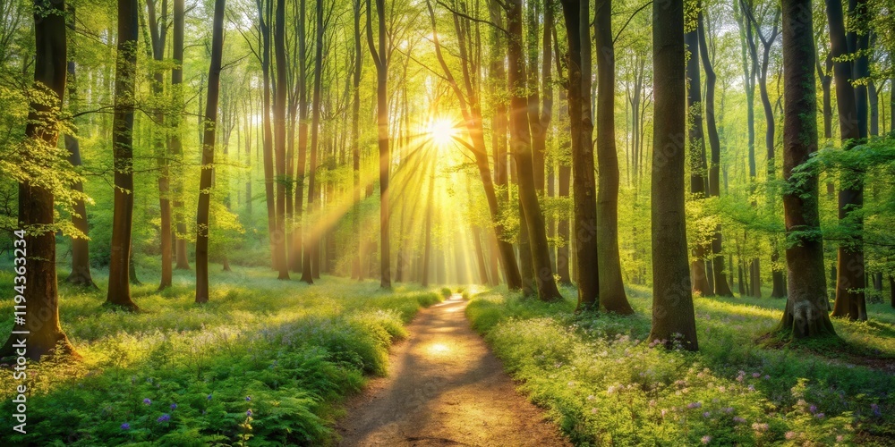 Poster sunlit path through a spring forest of tall trees and blossoming flowers
