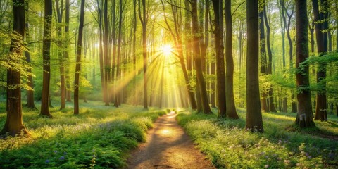 Fototapeta premium Sunlit Path Through a Spring Forest of Tall Trees and Blossoming Flowers