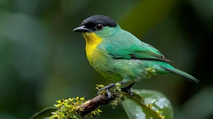 Green and yellow bird perched on branch, rainforest background, wildlife photography for nature publications
