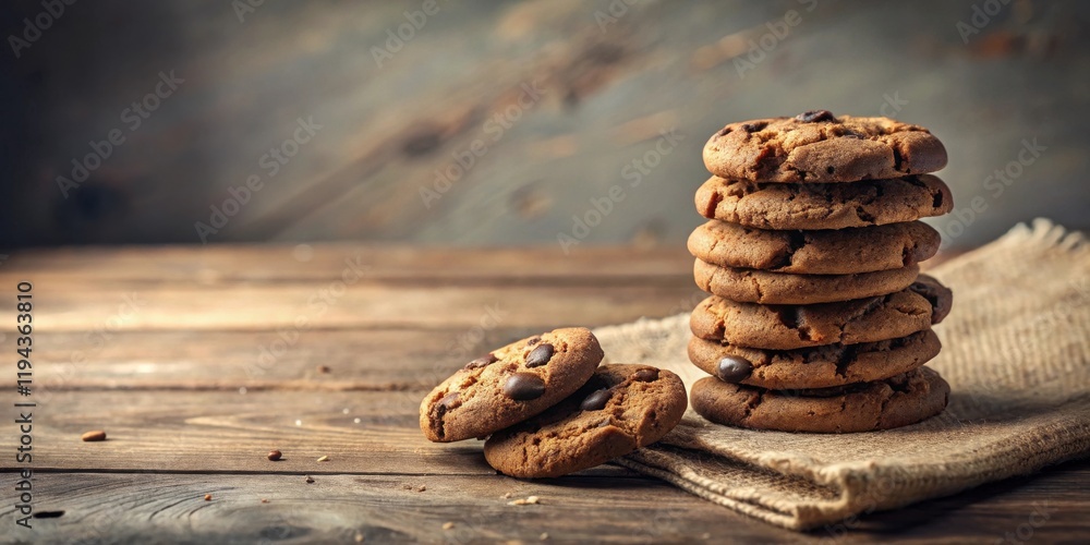 Poster a stack of delicious chocolate chip cookies on a rustic wooden table