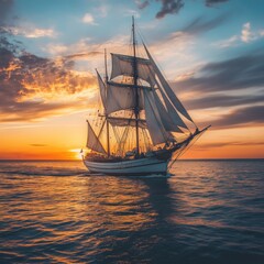Obraz premium Majestic Sailing Ship at Sunset: A Breathtaking Ocean Voyage