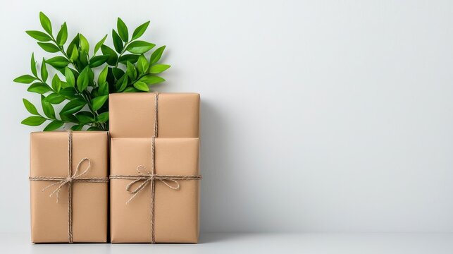 A photostock of neatly wrapped brown paper packages with visible twine bows, isolated on a clean white background, minimal and rustic, High Quality