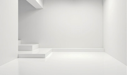 Abstract minimalist room with white walls and geometric platforms