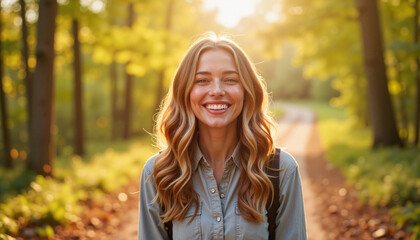 Obraz premium Smiling young woman walking in scenic autumn forest, joyful connection