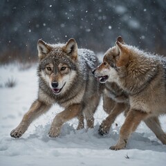 Fototapeta premium A young wolf cub playing in the snow, pouncing on its siblings in a snowy meadow.