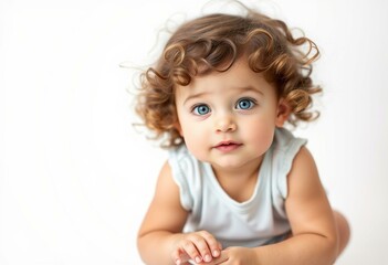 Naklejka premium Portrait of a 3-year-old girl with curly brown hair and bright blue eyes