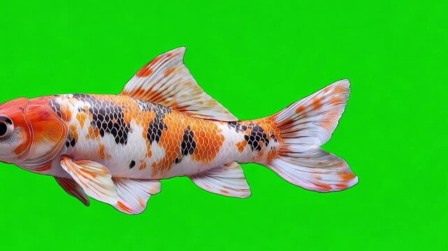 Koi Fish on Green Screen: A vibrant Koi fish, with scales of orange, white, and black, swims gracefully against a bright green screen.  Perfect for compositing and design projects.