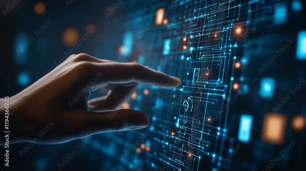 Poster hand interacting with digital interface, futuristic background, data visualization