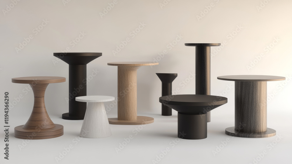 Poster white pillar display pedestals in different geometric shape. realistic 3d vector platform mockup - s
