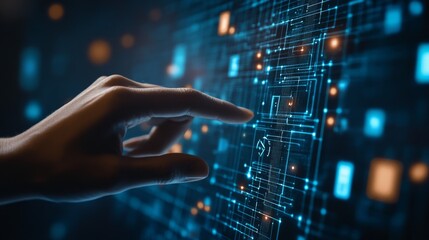 Hand interacting with digital interface, futuristic background, data visualization